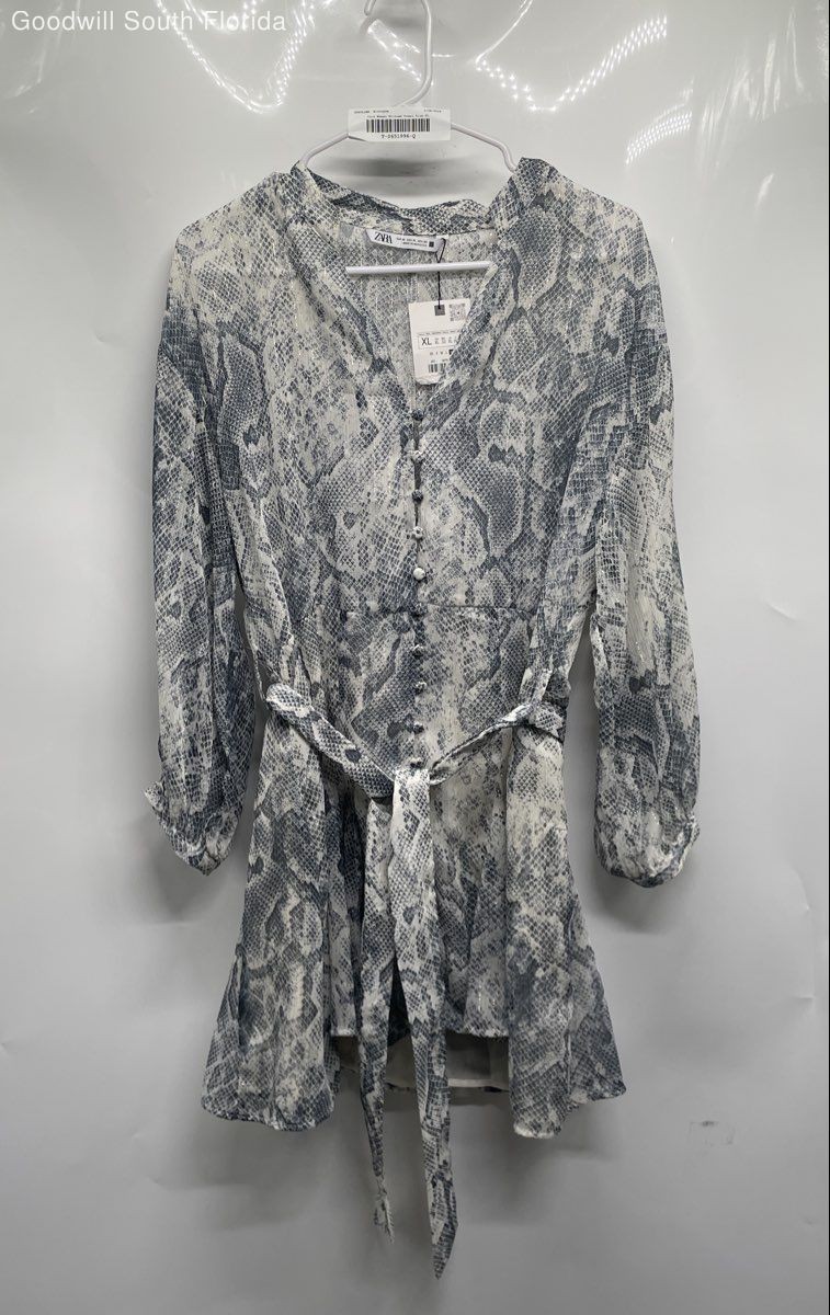 Zara Womens Gray White Snakeskin Print Button Front Mini Dress Size XL With Tag