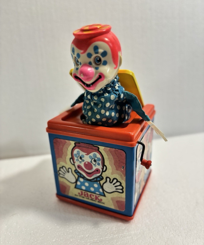 Clown Jack-in-the-Box Tin Metal Toy w/ Crank Handle, Box Marked "JACK"