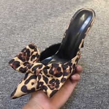 Womens High Heels Leopard Big Bowknot Pointy Toe Slipper Slip On Party Shoes New