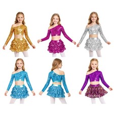 Kids Girls Crop Top With Tiered Ruffle Culottes Sequins Dancewear Long Sleeve