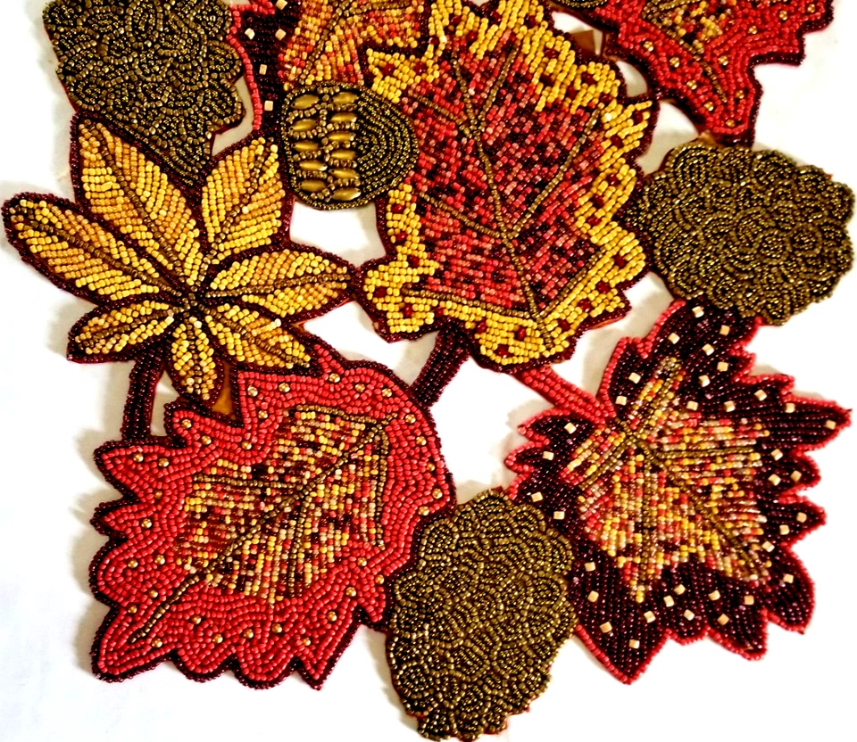 Beaded Table Runner 36x13" Autumn Flowers Thanksgiving Floral India Hand Crafted - Image 4 of 4