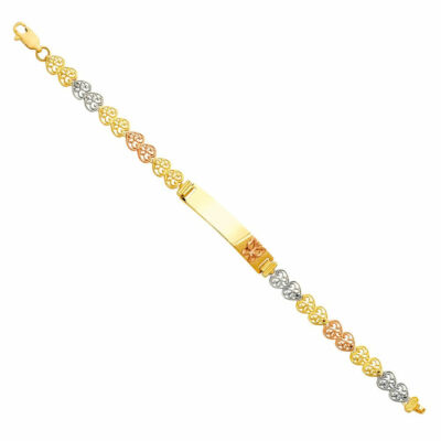 14k Real Solid Tricolor Gold Heart Link Baby ID Bracelet Bebe Esclava Oro Solido
