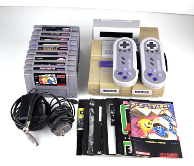 Nintendo SNES Console With 10 Games & Manuals + Acclaim Dual Turbo - Tested