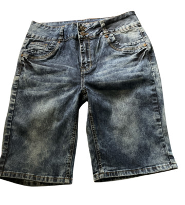 Diamante Women Mid Rise Shorts Bermuda Medium Wash Size 14 New
