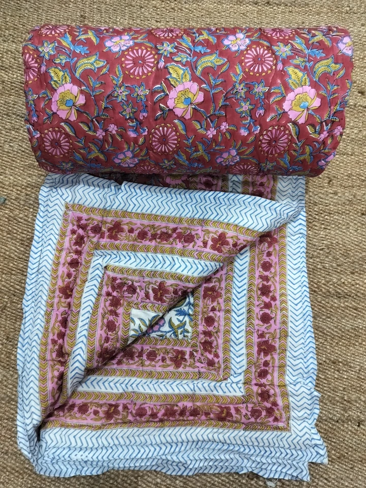 Indian Jaipuri Razai Hand Block Print Cotton Quilt LIght Weight Soft Warm Quilt - Image 3 of 4