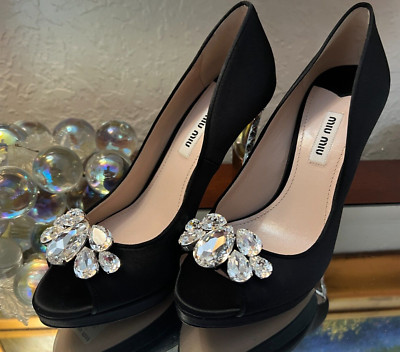 MUI MUI Raso Black Satin Crystal Pump Heels New with Box EU 37 US 6.5 $1295