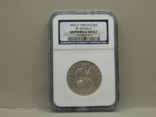 1855 O ARROWS SILVER SEATED HALF DOLLAR SS REPUBLIC NGC SHIPWRECK EFFECT