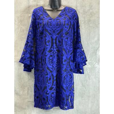 MSK Women's Petite Blue Embroidered Mesh Overlay 3/4 Bell Sleeve Sheath  Dress | eBay
