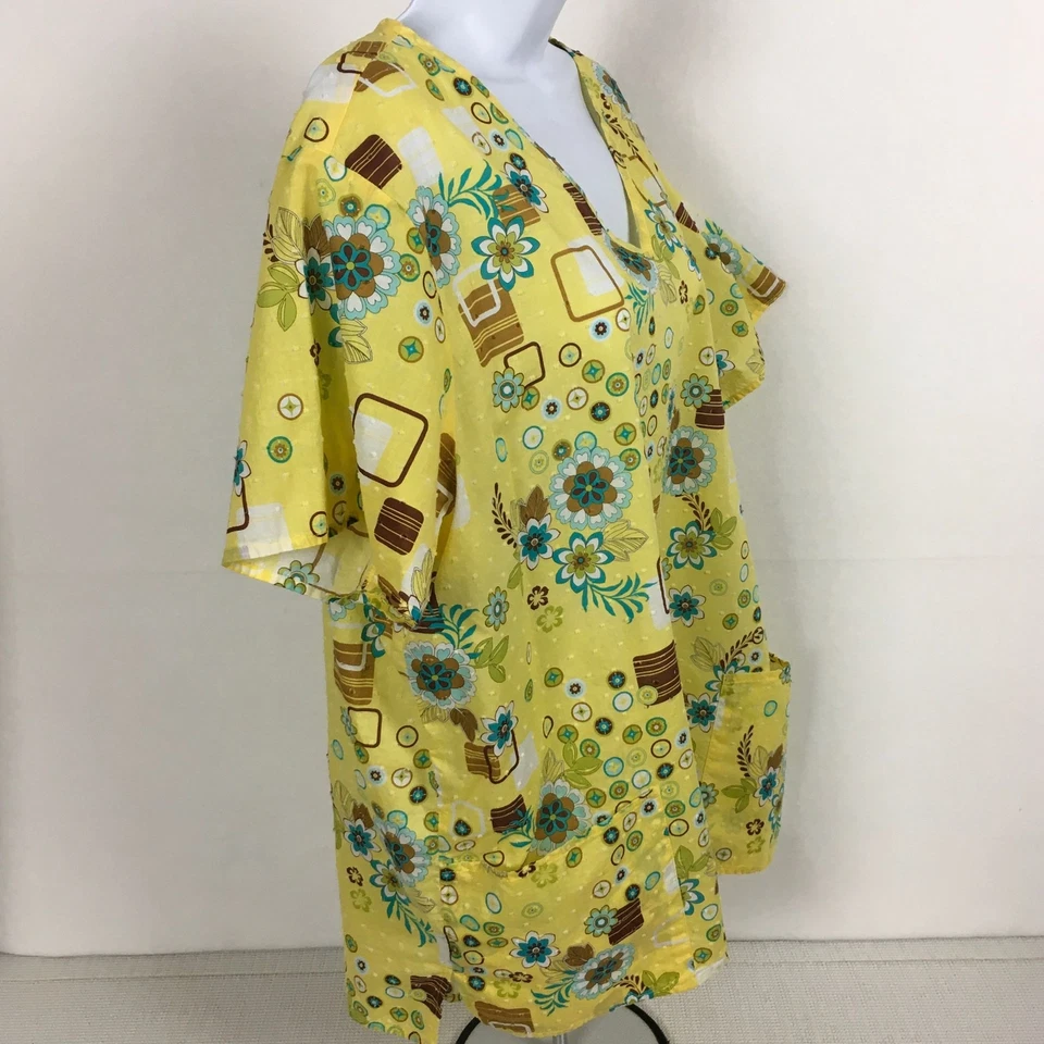 Cherokee Womens XL V-Neck Floral Scrub Top Two Pockets Yellow Blue Brown Flowers - Image 3 of 4