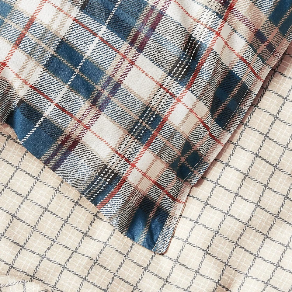 Juego de funda nórdica de franela de algodón azul Queen a cuadros beige índigo 3 piezas Foto 4 de 4