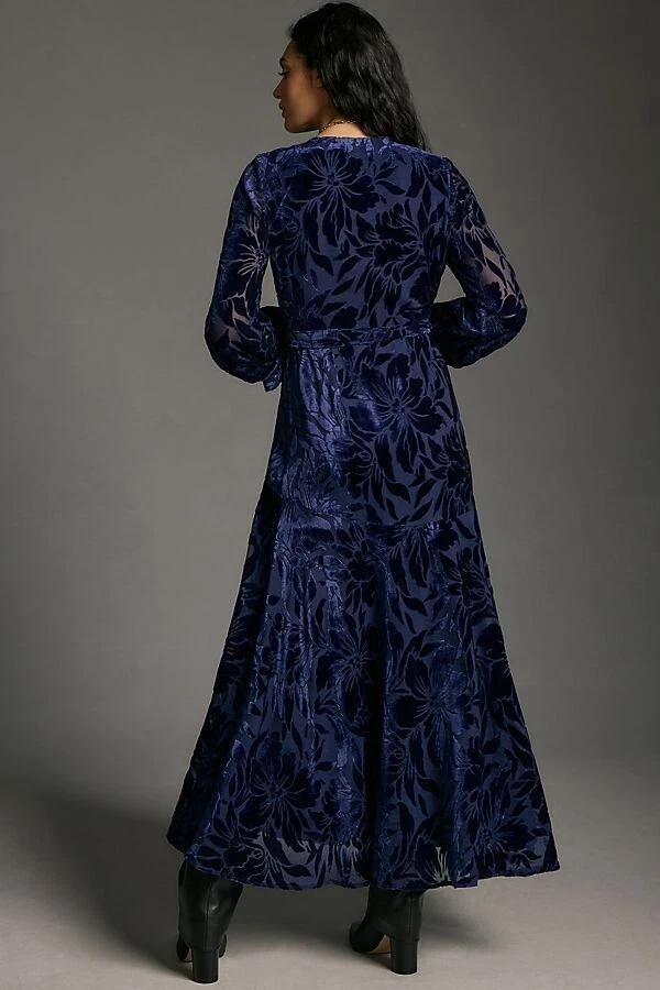 New Anthropologie Hutch Long-Sleeve Velvet Wrap Maxi Dress Burnout Navy MP NWT - Image 3 of 4