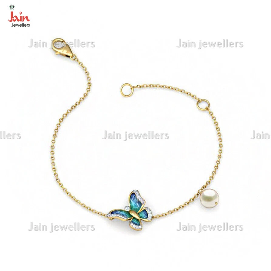 18 Kt, 22 Kt Real Solid Yellow Gold Chain Link Butterfly Pearl Bracelet Bangle - Image 3 of 3