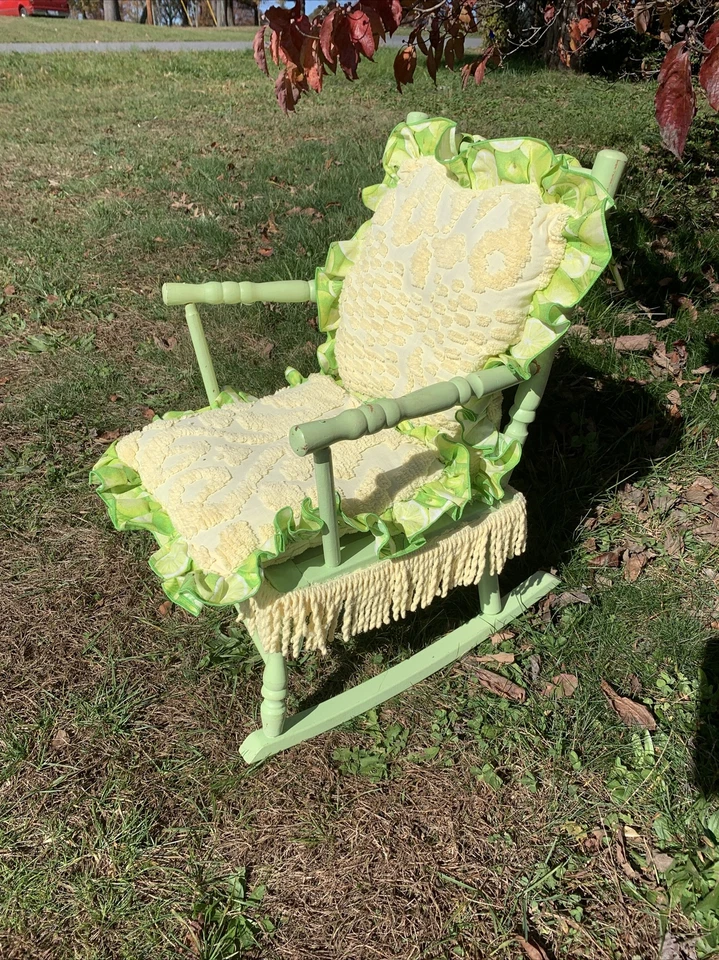 Редкое винтажное детское кресло-качалка лимонный лайм дамасский чехол бахрома 26/16 ❤️sj5m1s - Изображение 4 из 4