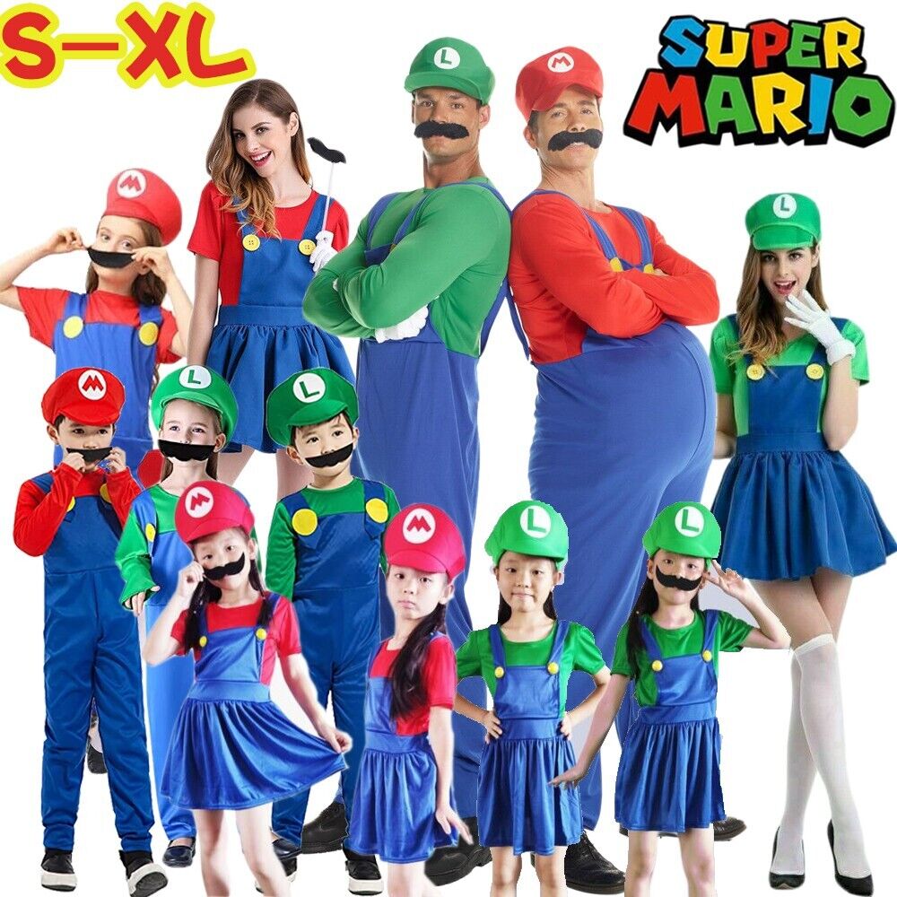 Super Mario Luigi Bros Cosplay Fancy Dress Outfit Mens Women Adult Kids Costume