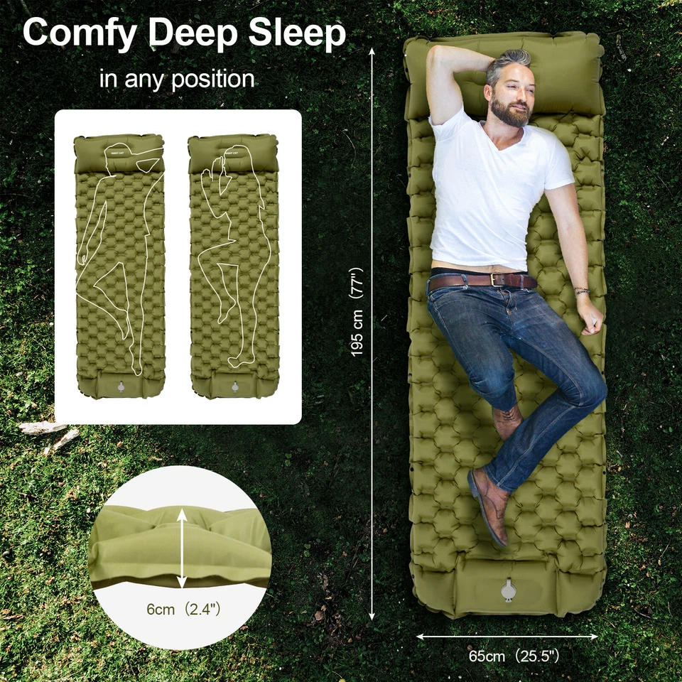 Night Cat Single Inflating Pad Sleeping Mattress Air Bed Camping Mat Pillow - Image 3 of 4