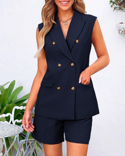Womens Blazer Vest Shorts Sets Lapel Neck Casual Sleeveless Button Down Offic... - Picture 8 of 9