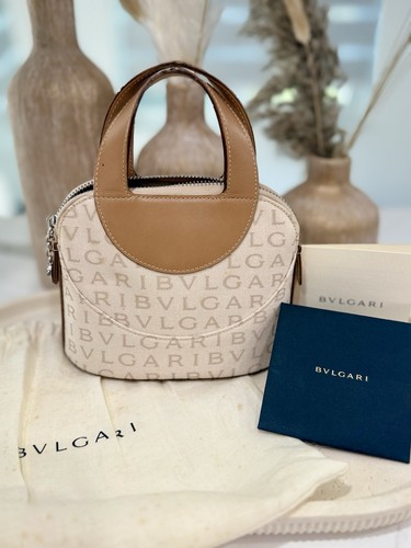 Bvlgari Logomania Mini Tote Bag - Beige Canvas & Tan Leather - Authentic BULGARI