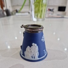 Antique Vintage Wedgwood Jasperware Blue Mustard Jar Pot Silver Rim Hallmarked
