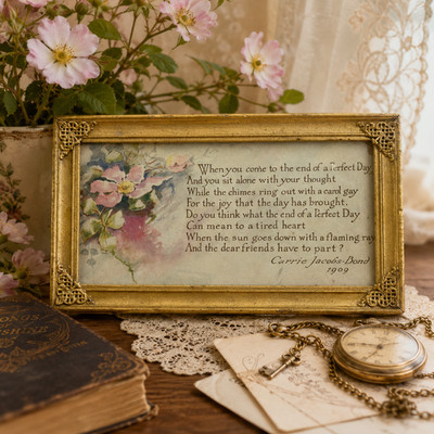 Antique 1909 Carrie Jacobs-Bond  Perfect Day  Motto Print Framed Edwardian Poem