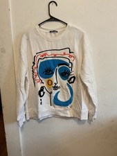 Zara Women  s White Crewneck Sweatshirt Size Medium With Women  s Face On It