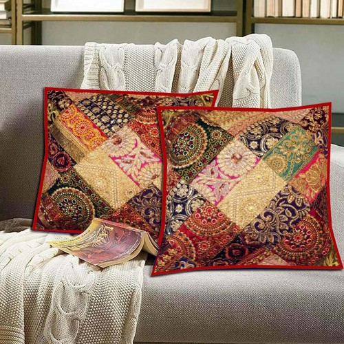 Cushion Cover Set Of 2 Pc Square 16x16" Pillow Patchwork Handmade Decor Cotton - Picture 2 of 13