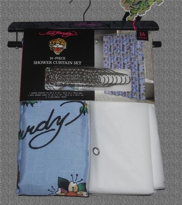 14-Pc Ed Hardy Tigers Birds Hearts Script Shower Curtain Roller Ball Hooks Liner