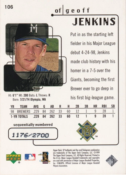 1999 SP Authentic #106 Geoff Jenkins FW /2700 - NM - Image 2 of 2