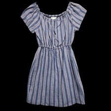 Universal Thread Off the Shoulder Mini Dress Womens M Blue Striped Linen Blend
