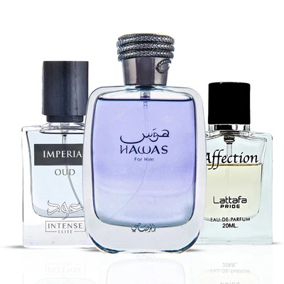 Hawas for Him 100ml by Rasasi, Imperial Oud 50ml by Intense Elite, Affection 20m
