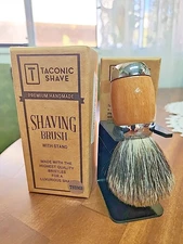 Taconic Shave Wood & Chrome Handle Handmade Silvertip Badger Shave Brush & Stand