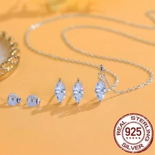 Marquise Cubic Zirconia Pendant Necklace Earrings Sterling Silver CZ Jewelry Set