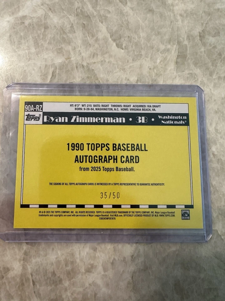 2025 Topps Series 1 Ryan Zimmerman 1990 Auto #90A-RZ Washington Nationals /50 - Imagem 4 de 4
