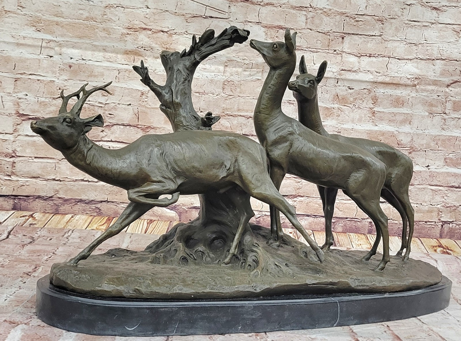 Wildlife Bronze Stag  Two Deer Sculpture Fiot Signed Collectible Art