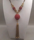Vintage Miriam Haskell Signed Red Bead Gold Tone Tassel Necklace