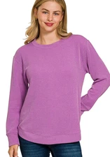 Zenana Raised Rib Blouse Light Plum Round Neck Long Sleeve Top