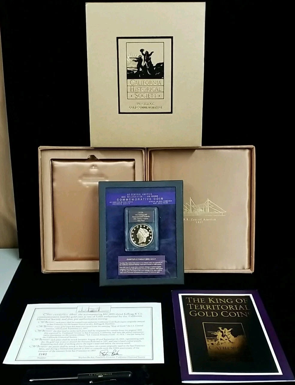 $50 Gold 1855 Kellogg Restrike S.S. Central America PCGS Gem Proof Box/Frame/COA