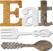 Jetec Set of Eat Sign, Fork and Spoon Wall Decor, Rustic White, Wooden Color 