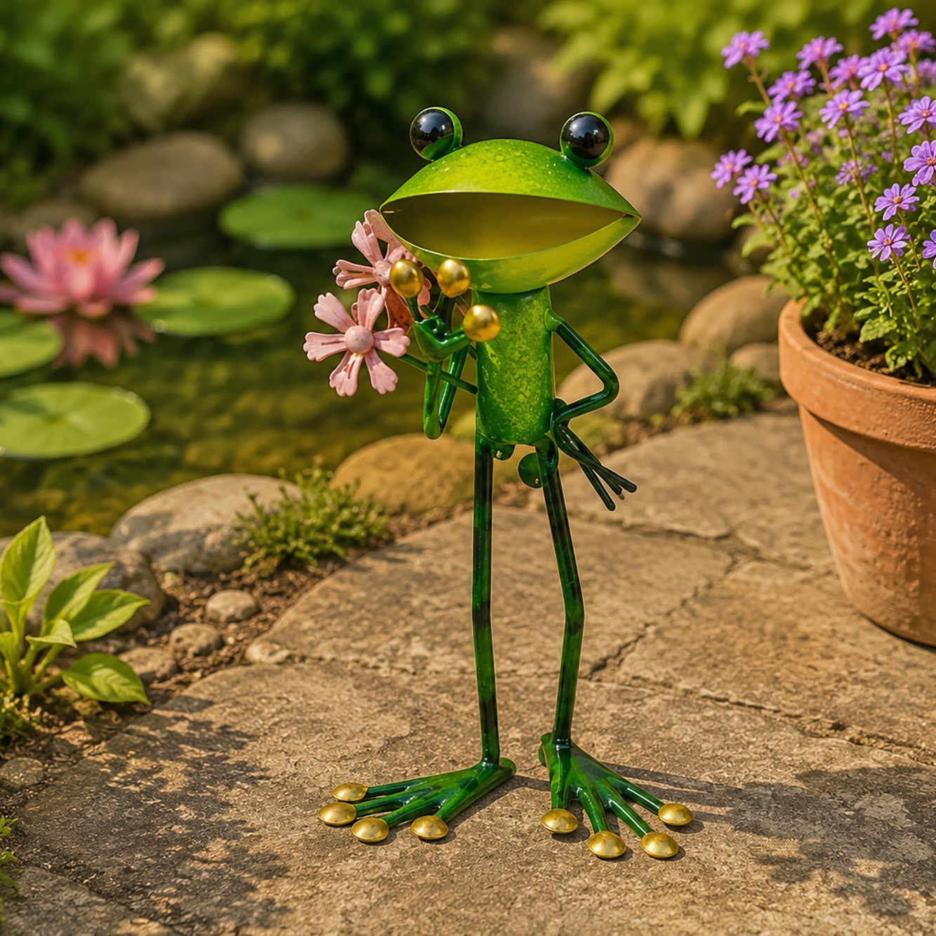 FABULOUS GREEN METAL GARDEN FROG WITH A BOUQUET SCULPTURE ORNAMENT FIGURE FROGS