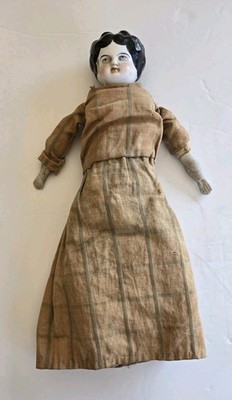 Germany Antique Porcelain China Head Doll Black Hair Cloth Body Orig Clothes 