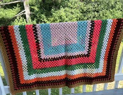 Crochet Bright Rainbow Afghan Knitted Blanket 52 x52  Handmade Vintage 1973