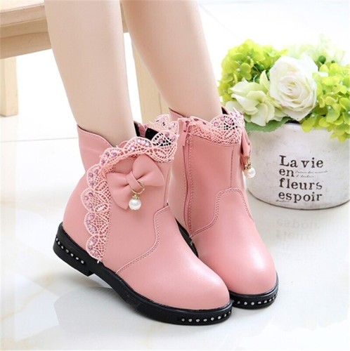Botas Para Niñas De Cuero Princesa Zapatos Encaje Arco 2020 Rosa Negra Rojas  | eBay