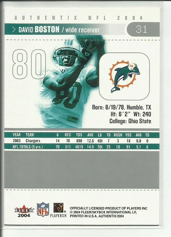 2004 Fleer Authentix #31 David Boston Miami Dolphins - Image 2 of 2