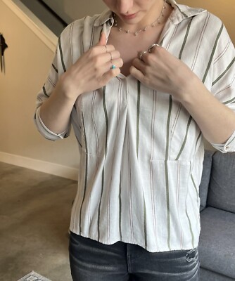 Promod Linen Size 4 Beige Green Striped 3/4 Sleeve Casual Womens Top Blouse