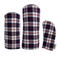 Sunfish Golf headcover set - DR FW HB Tartan plaid White Navy and Red
