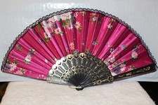 FAN  SMALL HAND FAN  WITH FLOWERS FLOWER DARK PINK B3
