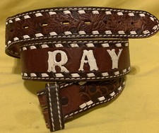 CUSTOM MADE LEATHER BELT BROWN with RAY Engraved AND HAND TOOLING 1 3/4  WIDTH