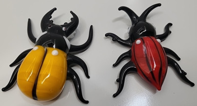 Pair 2 Global Village Art Handmade Glass Bugs Insects Beetles Black Red Yellow
