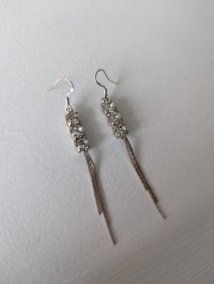SILVER SPARKLY BEADED DROP HOOKED EARRINGS, 5cm LONG, GOOD CONDITION