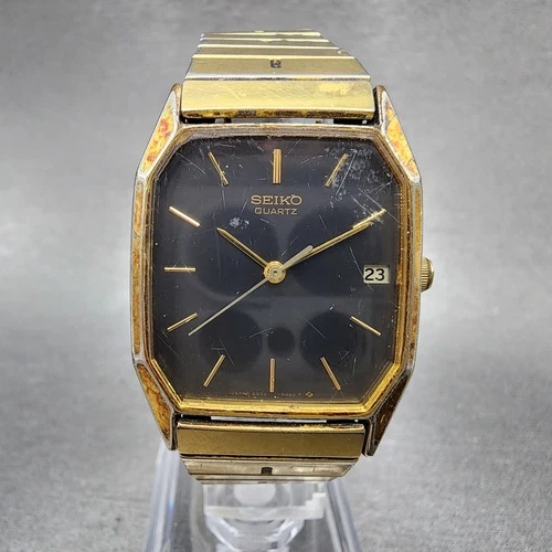 Seiko Watch Men 26mm Black Dial Gold Tone Date Octagon 6532-5310 New Battery