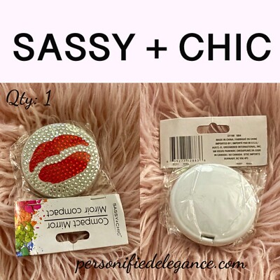 NEW Sassy + Chic Silver Rhinestone Red Lips Dual Sided Small Compact Mirror